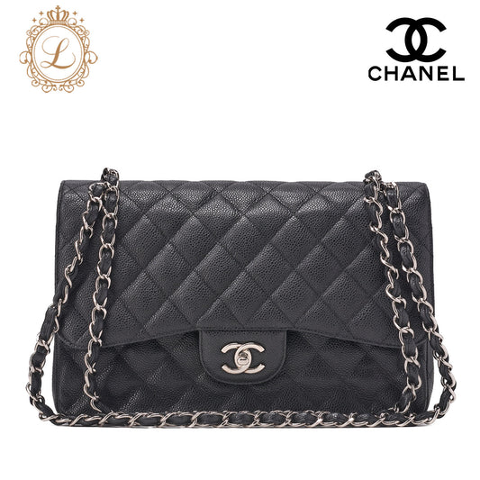 CHANEL Chain Shoulder Bag Deca Matelassé 30cm Double Flap Caviar Skin Black Silver-Tone Hardware, Pre-Owned