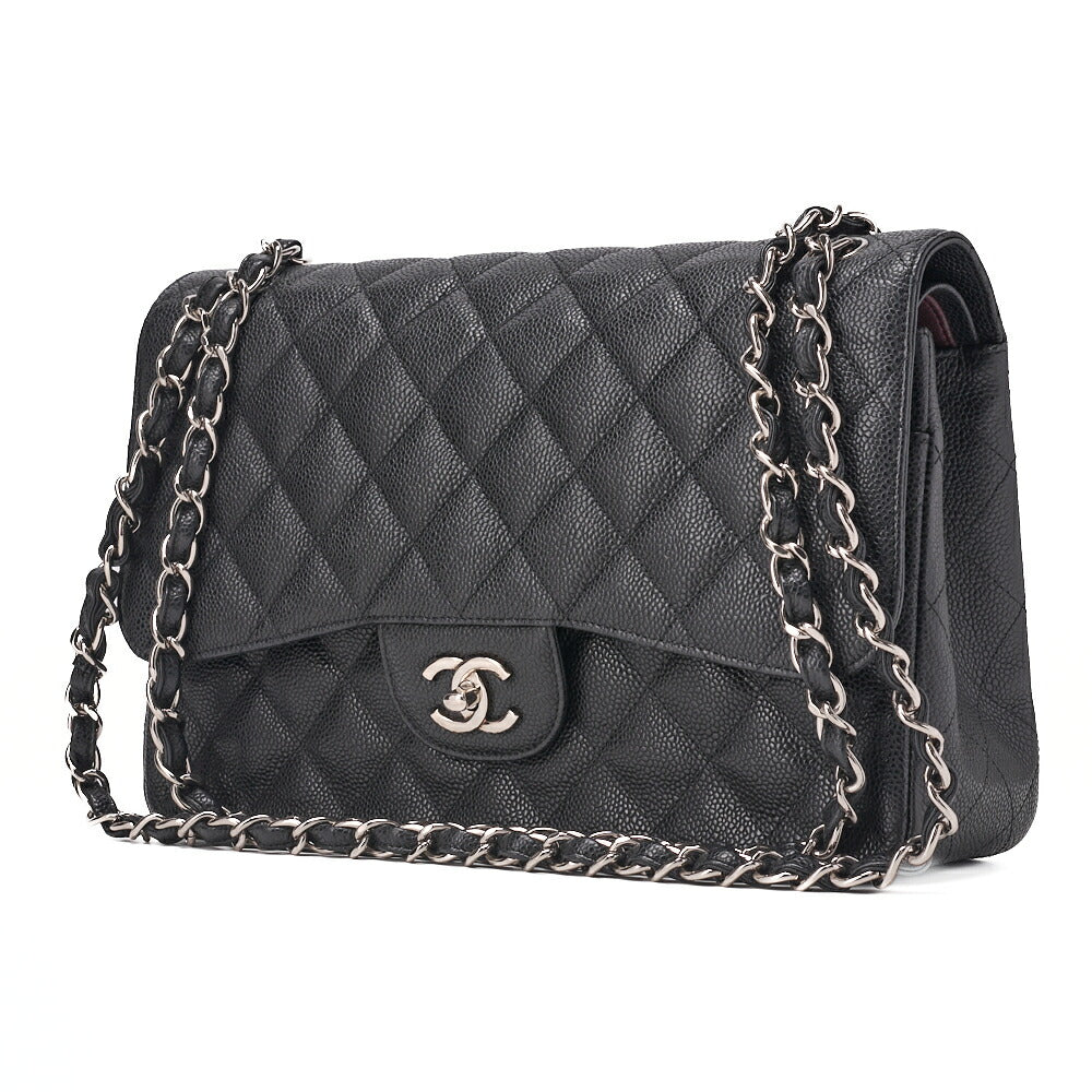 CHANEL Chain Shoulder Bag Deca Matelassé 30cm Double Flap Caviar Skin Black Gold-Tone Hardware, Pre-Owned