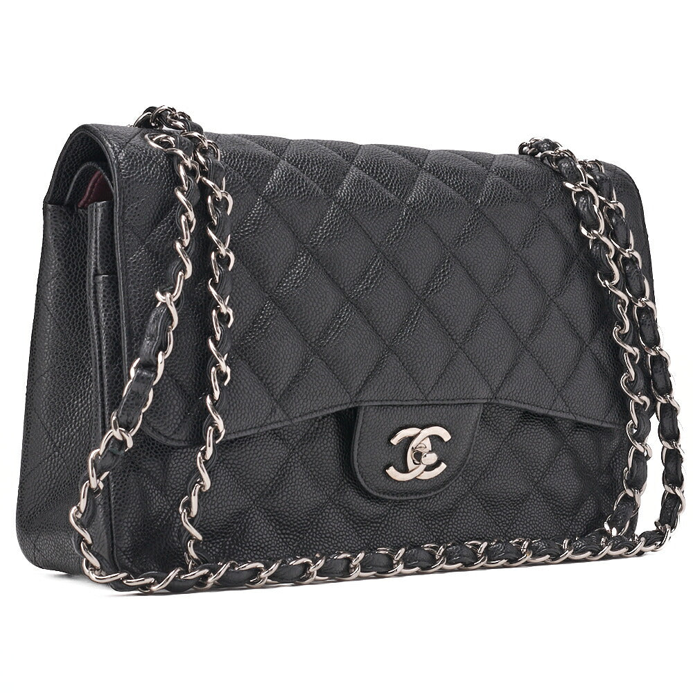 CHANEL Chain Shoulder Bag Deca Matelassé 30cm Double Flap Caviar Skin Black Gold-Tone Hardware, Pre-Owned