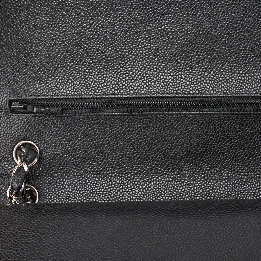CHANEL Chain Shoulder Bag Deca Matelassé 30cm Double Flap Caviar Skin Black Gold-Tone Hardware, Pre-Owned