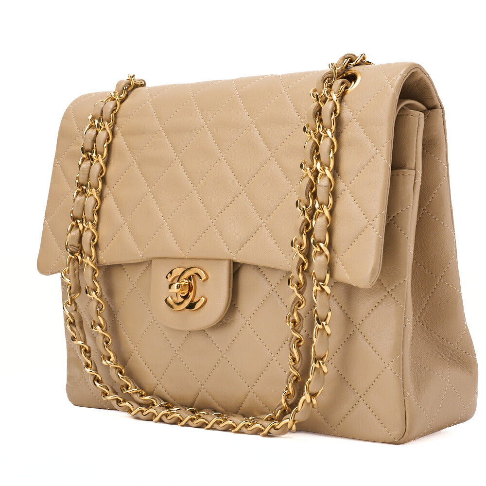 CHANEL Matelassé Double Flap 25cm Chain Shoulder Lambskin Beige Gold-Tone Hardware, Pre-Owned