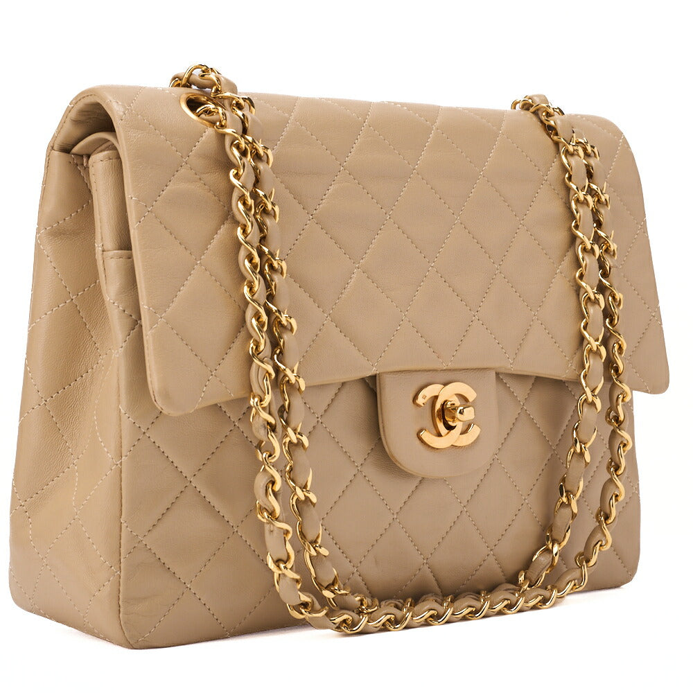 CHANEL Matelassé Double Flap 25cm Chain Shoulder Lambskin Beige Gold-Tone Hardware, Pre-Owned