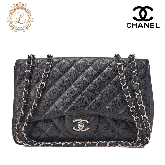 CHANEL Chain Shoulder Bag Deca Matelassé 30cm Single Flap Caviar Skin Black Silver-Tone Hardware, Pre-Owned