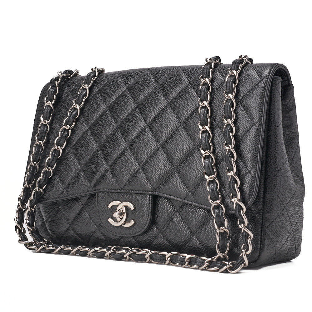 CHANEL Chain Shoulder Bag Deca Matelassé 30cm Single Flap Caviar Skin Black Gold-Tone Hardware, Pre-Owned