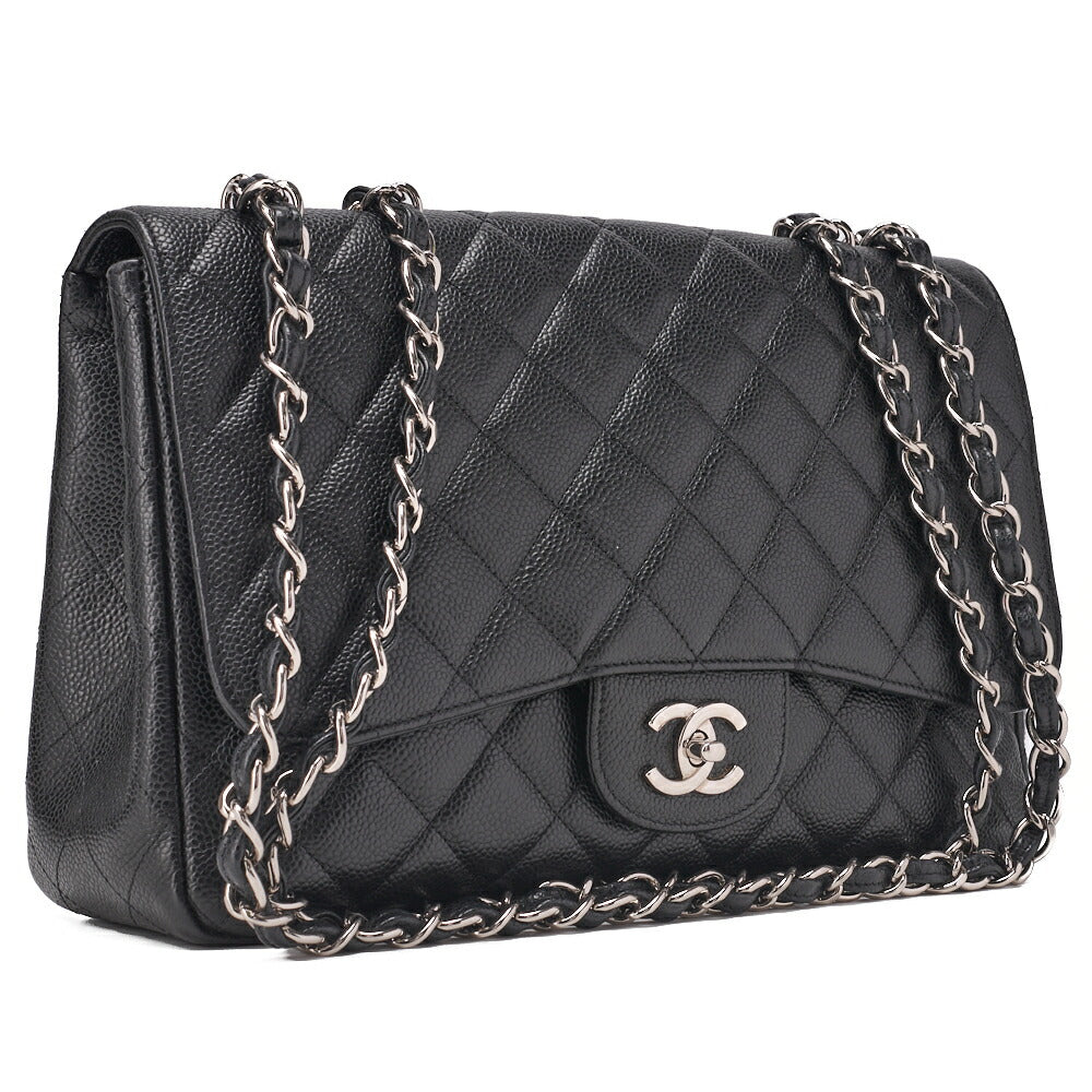 CHANEL Chain Shoulder Bag Deca Matelassé 30cm Single Flap Caviar Skin Black Gold-Tone Hardware, Pre-Owned
