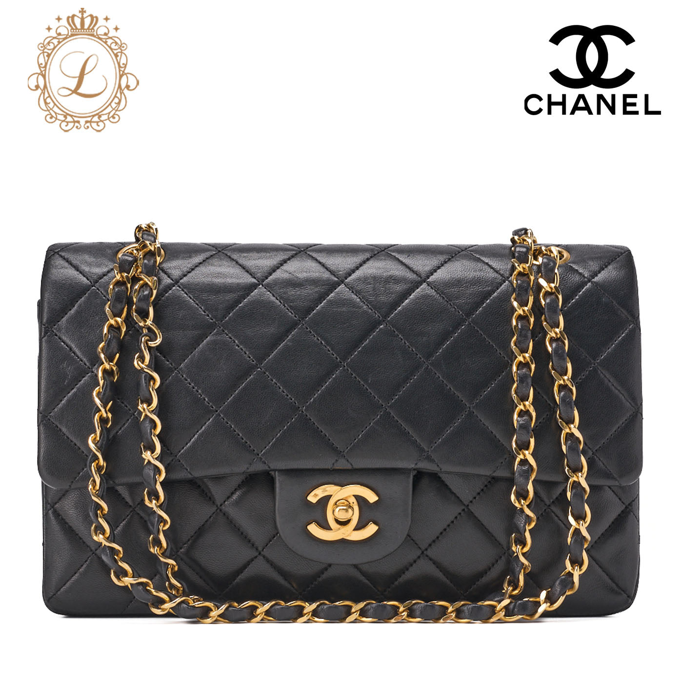 CHANEL Shoulder Bag Matelassé Double Flap 25cm Chain Shoulder Lambskin Black Gold-Tone Hardware, Pre-Owned