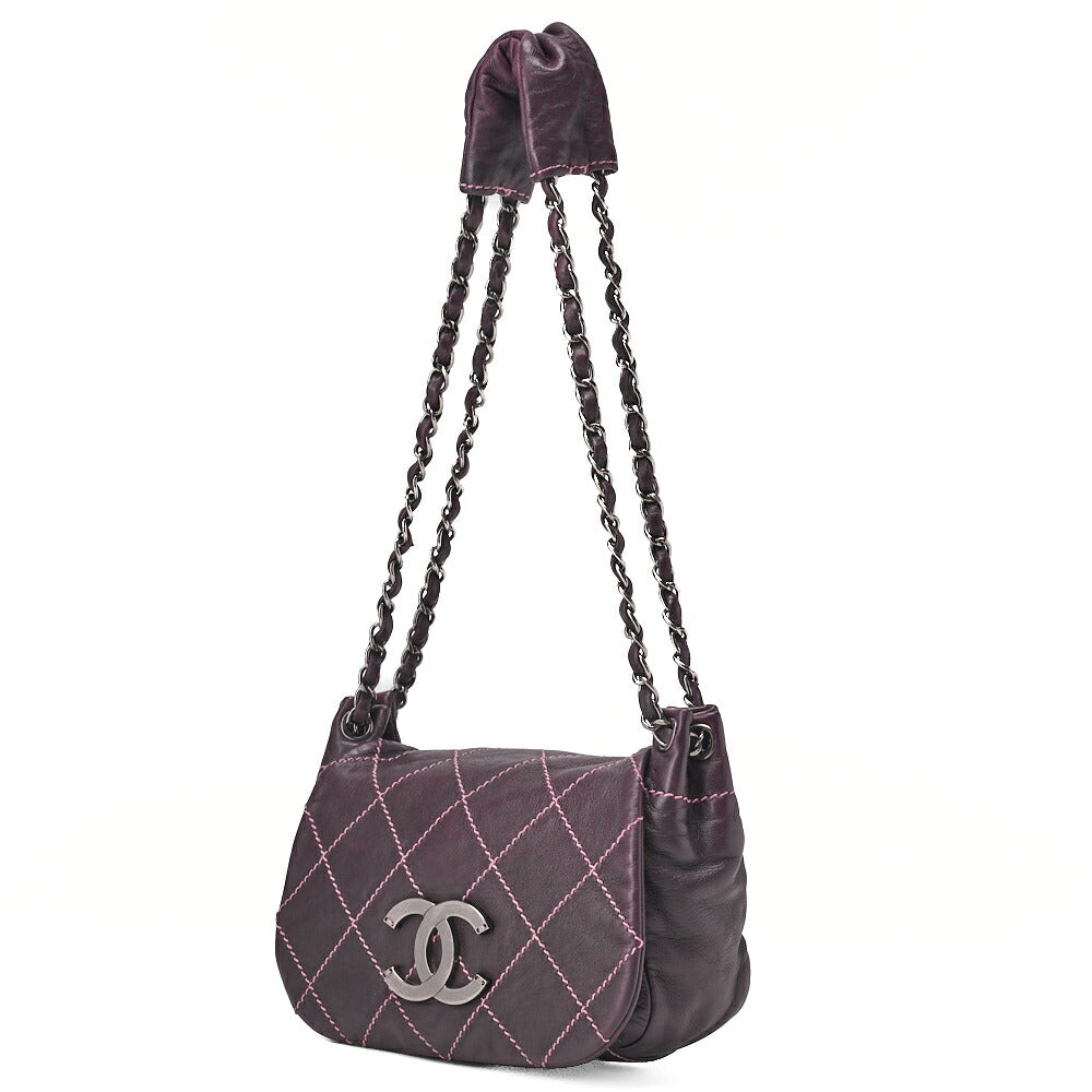 CHANEL Shoulder Bag Matelassé Wild Stitch Big Coco Lambskin Purple Silver-Tone Hardware, Pre-Owned