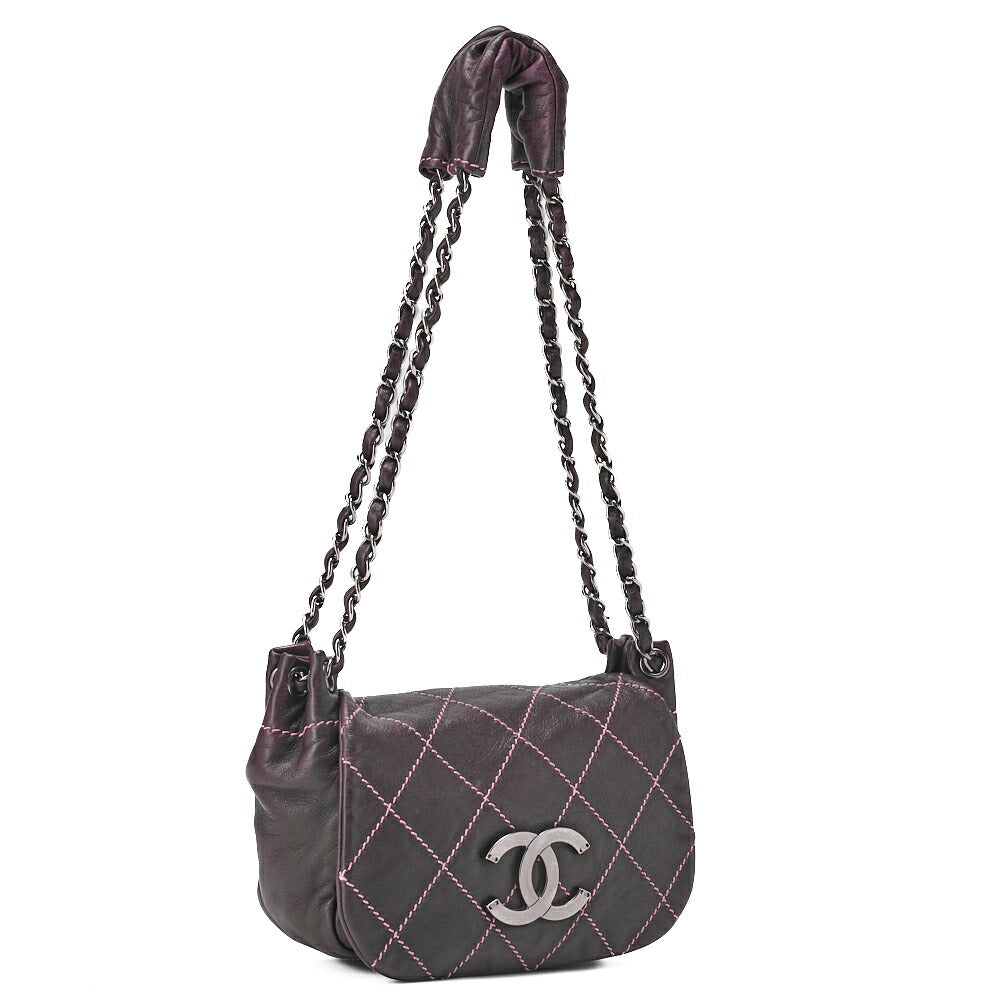 CHANEL Shoulder Bag Matelassé Wild Stitch Big Coco Lambskin Purple Silver-Tone Hardware, Pre-Owned