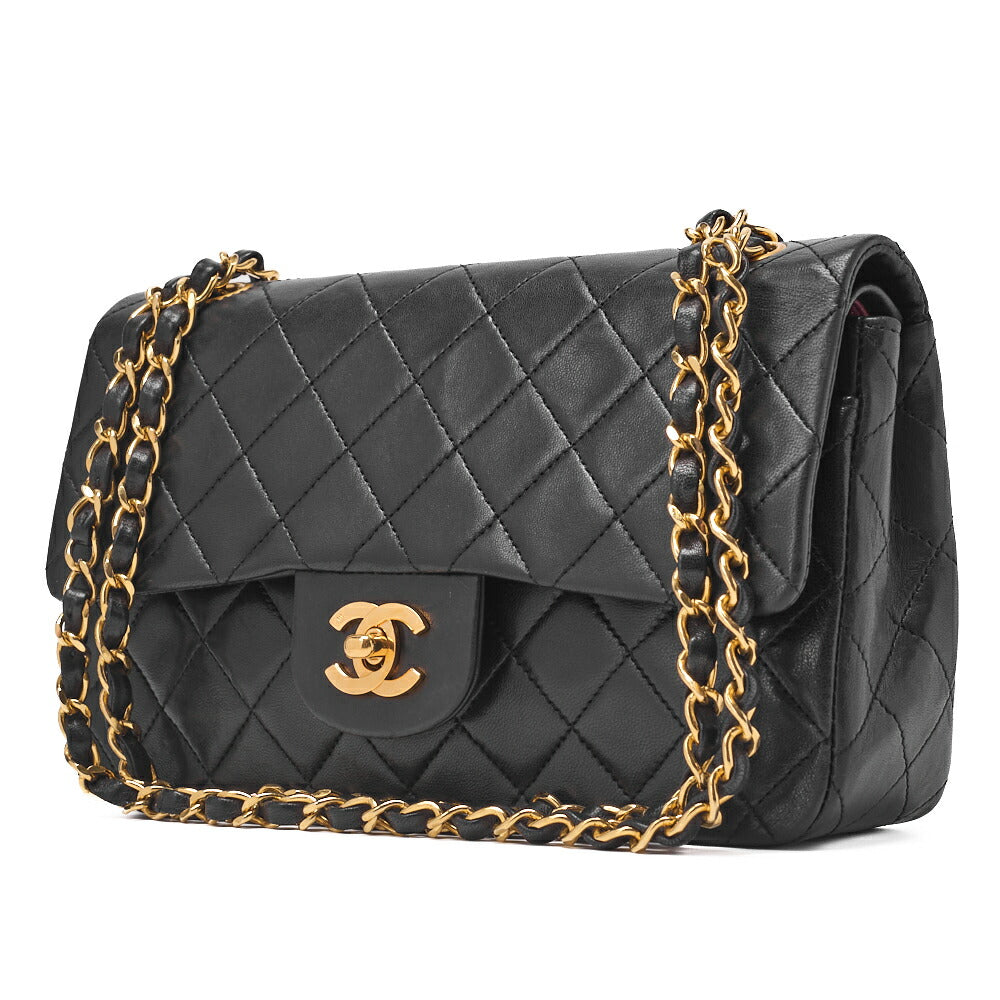 CHANEL Chain Shoulder Bag Matelassé Double Flap 23cm Lambskin Black Gold-Tone Hardware, Pre-Owned