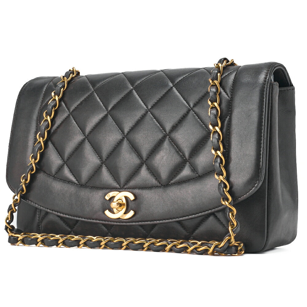CHANEL Shoulder Bag Matelassé Lambskin Diana Flap Chain Shoulder Black Gold-Tone Hardware, Pre-Owned