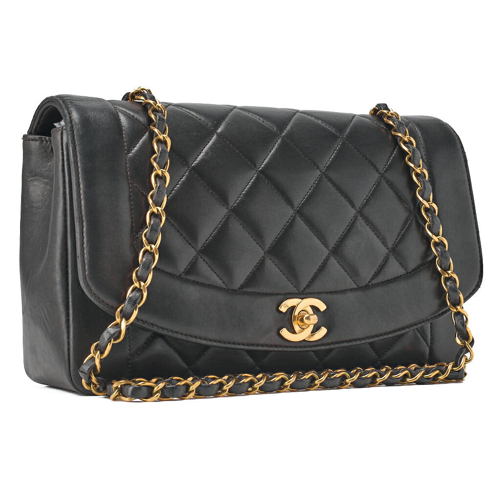 CHANEL Shoulder Bag Matelassé Lambskin Diana Flap Chain Shoulder Black Gold-Tone Hardware, Pre-Owned