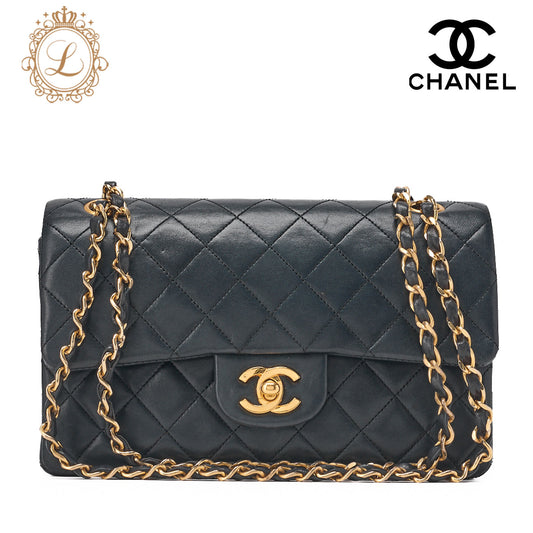 CHANEL Chain Shoulder Bag Matelassé Double Flap 23cm Lambskin Dark Navy Gold-Tone Hardware, Pre-Owned