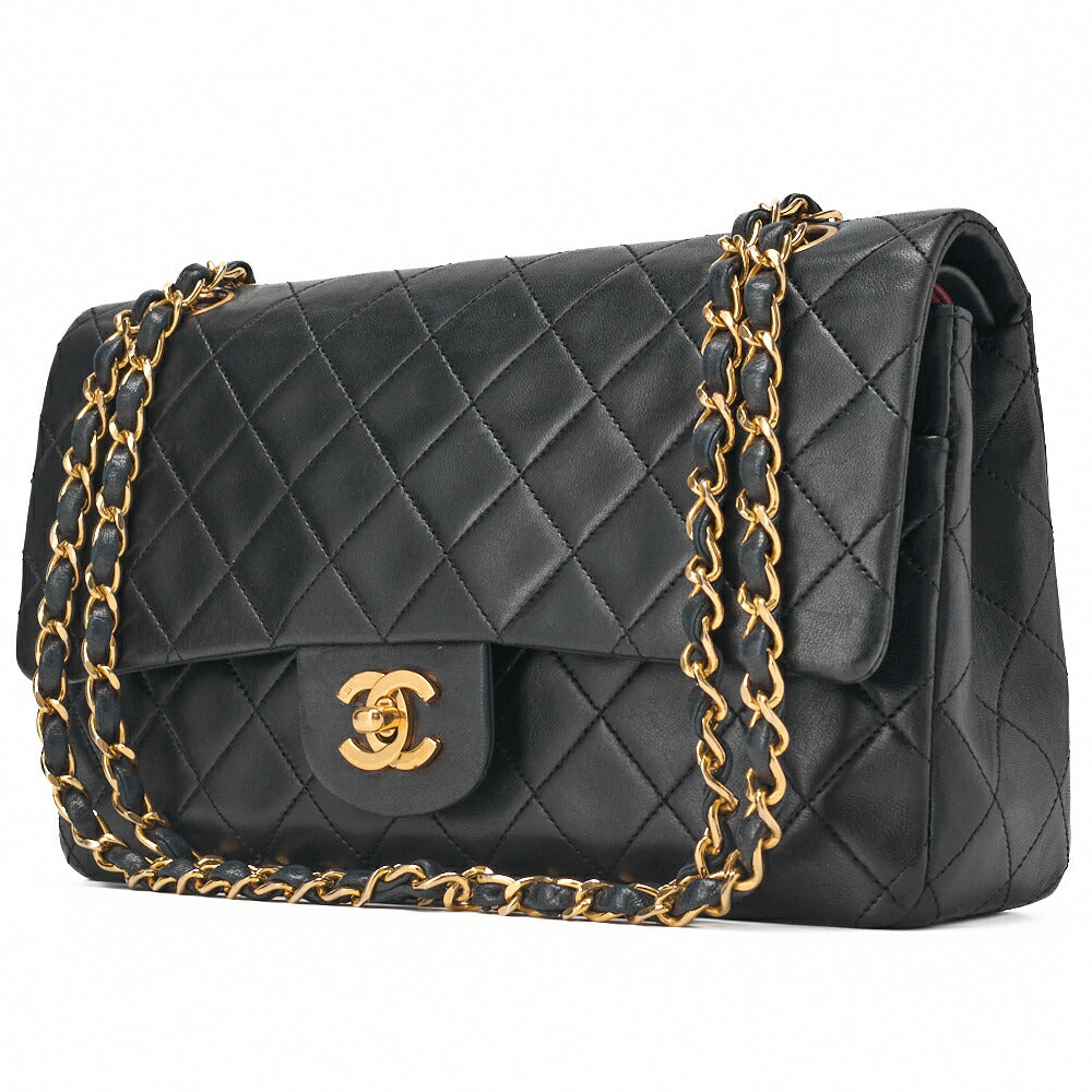 CHANEL Shoulder Bag Matelassé Double Flap 25cm Chain Shoulder Lambskin Black Gold-Tone Hardware, Pre-Owned