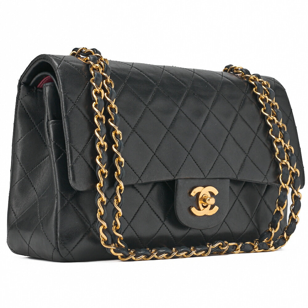 CHANEL Shoulder Bag Matelassé Double Flap 25cm Chain Shoulder Lambskin Black Gold-Tone Hardware, Pre-Owned