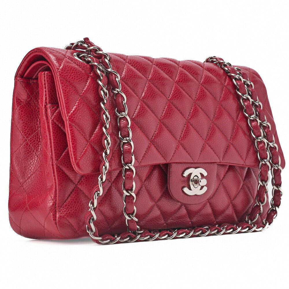 CHANEL Shoulder Bag Matelassé Double Flap 25cm Chain Shoulder Caviar Skin Red Silver-Tone Hardware, Pre-Owned