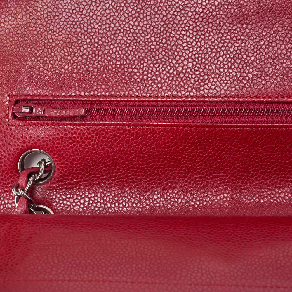 CHANEL Shoulder Bag Matelassé Double Flap 25cm Chain Shoulder Caviar Skin Red Silver-Tone Hardware, Pre-Owned