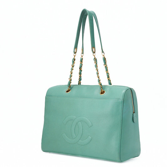 CHANEL Shoulder Bag Caviar Skin Black Coco Mark Ball Charm Large Size Gold-Tone Hardware, Pre-Owned