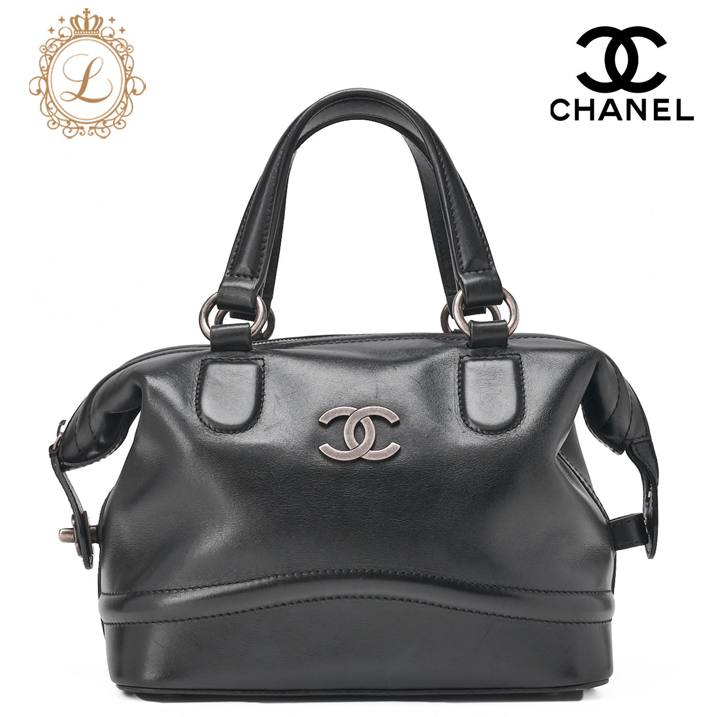 CHANEL Handbag Mini Boston Bag Calfskin Matelassé Coco Mark Black Silver-Tone Hardware, Pre-Owned