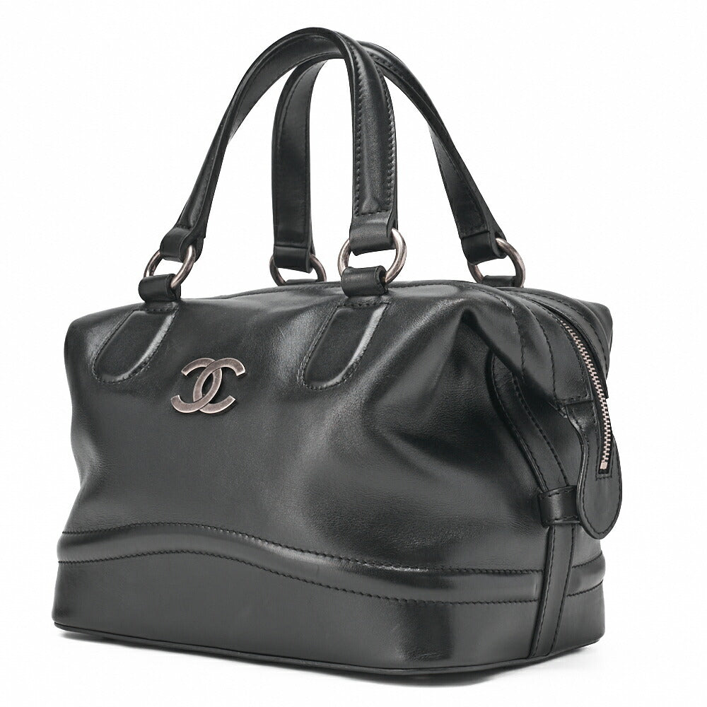 CHANEL Handbag Mini Boston Bag Calfskin Matelassé Coco Mark Black Silver-Tone Hardware, Pre-Owned