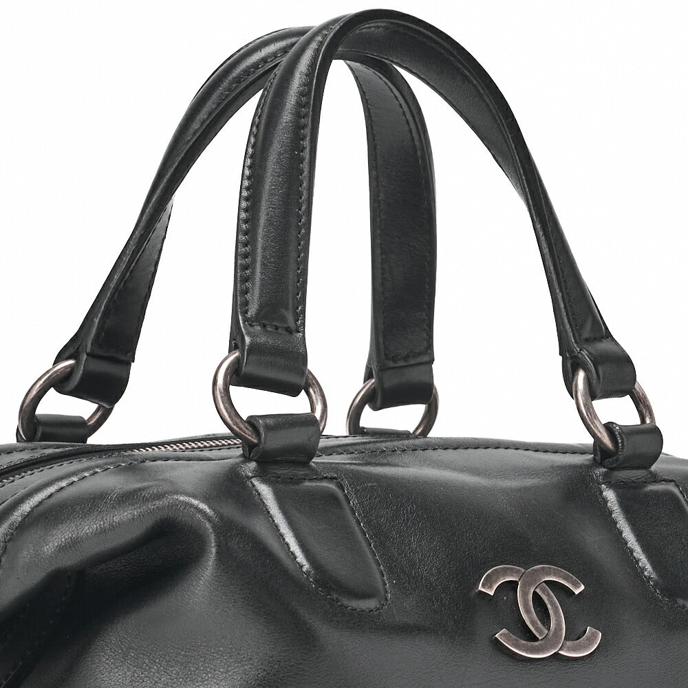 CHANEL Handbag Mini Boston Bag Calfskin Matelassé Coco Mark Black Silver-Tone Hardware, Pre-Owned