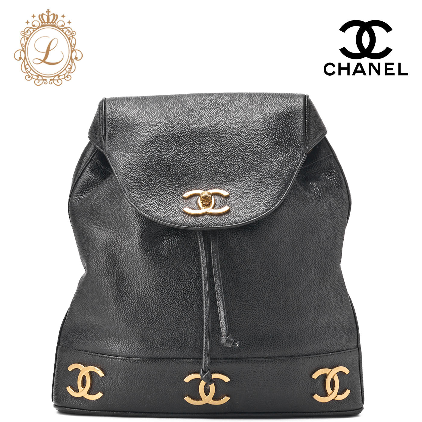 CHANEL Backpack Caviar Skin Triple Coco Turnlock Black Gold-Tone Hardware, Pre-Owned