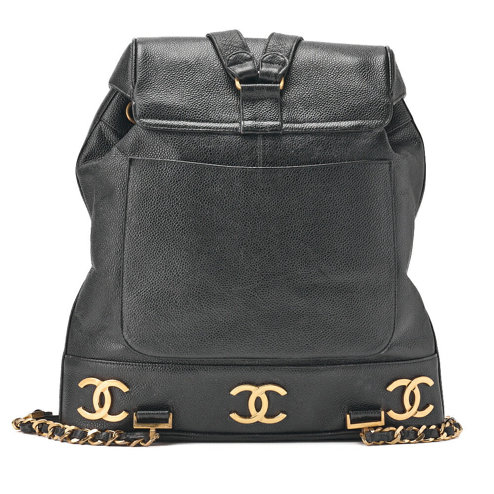 CHANEL Backpack Caviar Skin Triple Coco Turnlock Black Gold-Tone Hardware, Pre-Owned