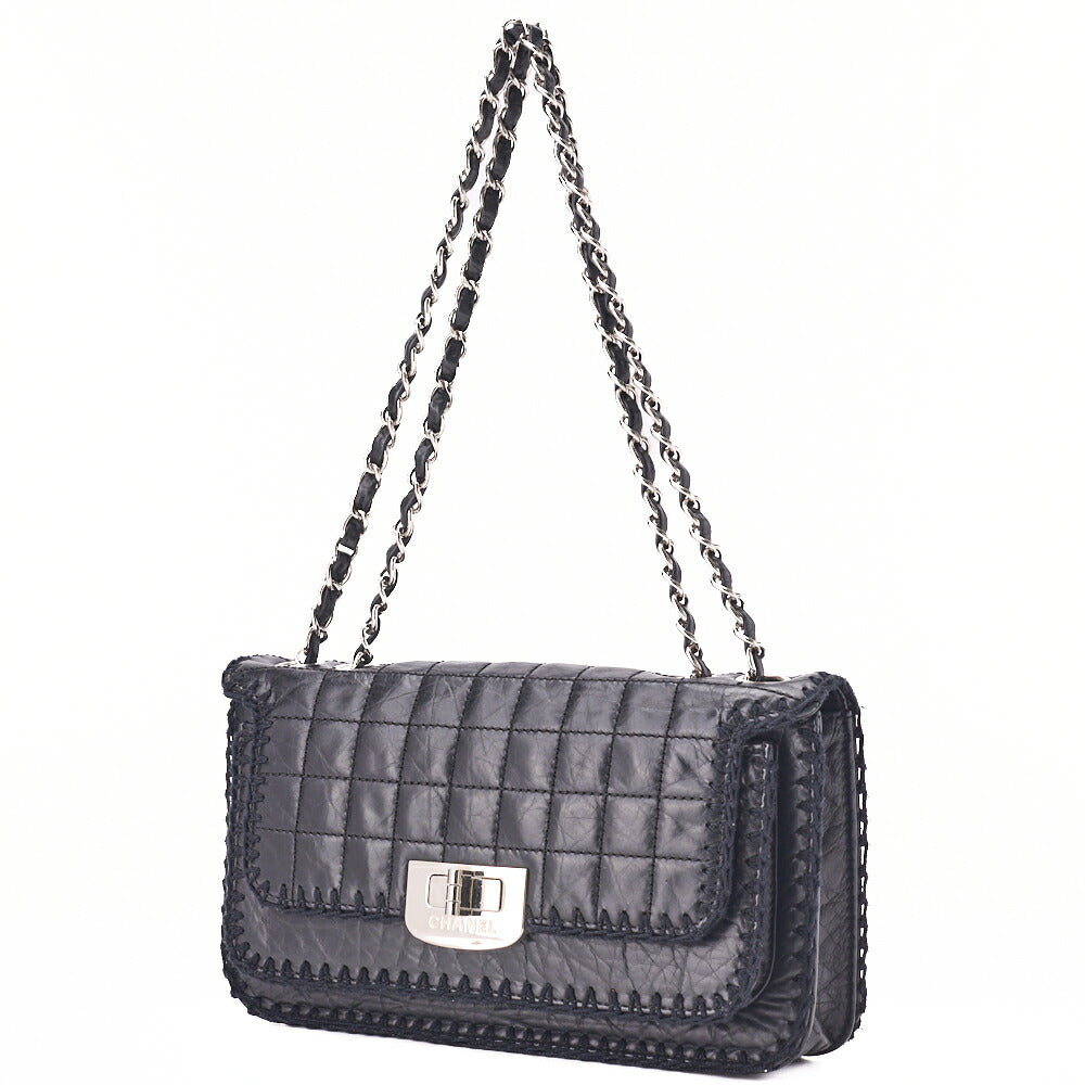 CHANEL Shoulder Bag Chocolate Bar Turnlock Vintage Calf Black Silver-Tone Hardware, Pre-Owned