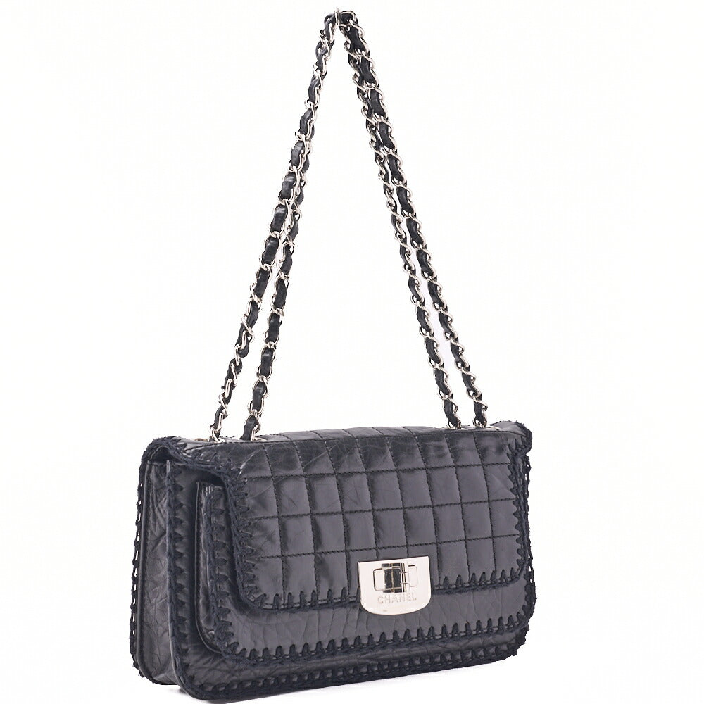 CHANEL Shoulder Bag Chocolate Bar Turnlock Vintage Calf Black Silver-Tone Hardware, Pre-Owned