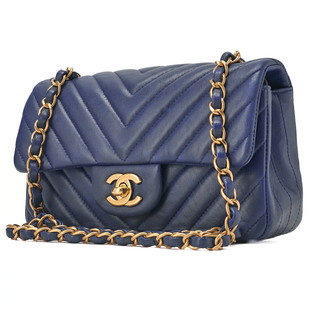 CHANEL Shoulder Bag Lambskin V Stitch Navy Coco Mark Single Flap Gold-Tone Hardware, Pre-Owned