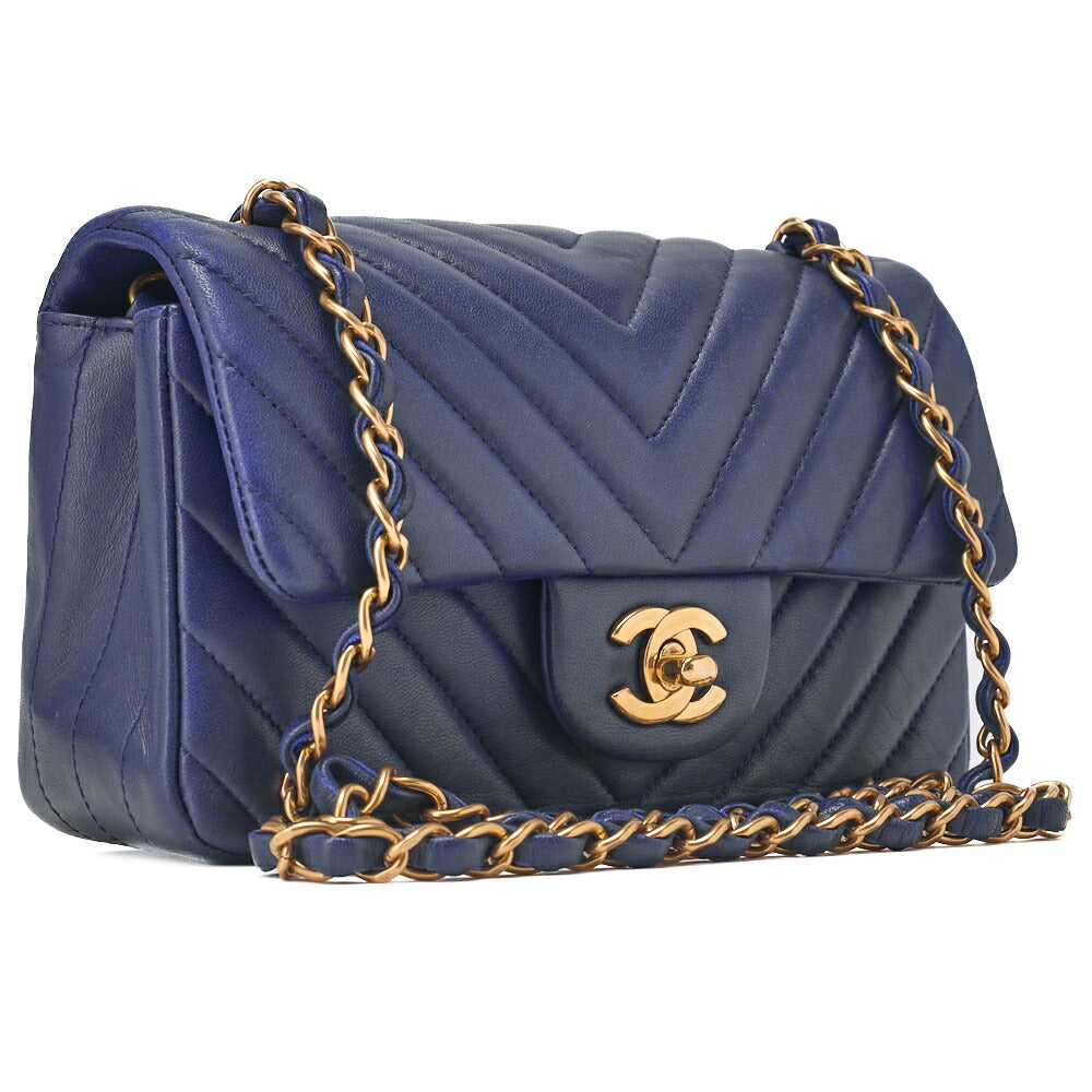 CHANEL Shoulder Bag Lambskin V Stitch Navy Coco Mark Single Flap Gold-Tone Hardware, Pre-Owned