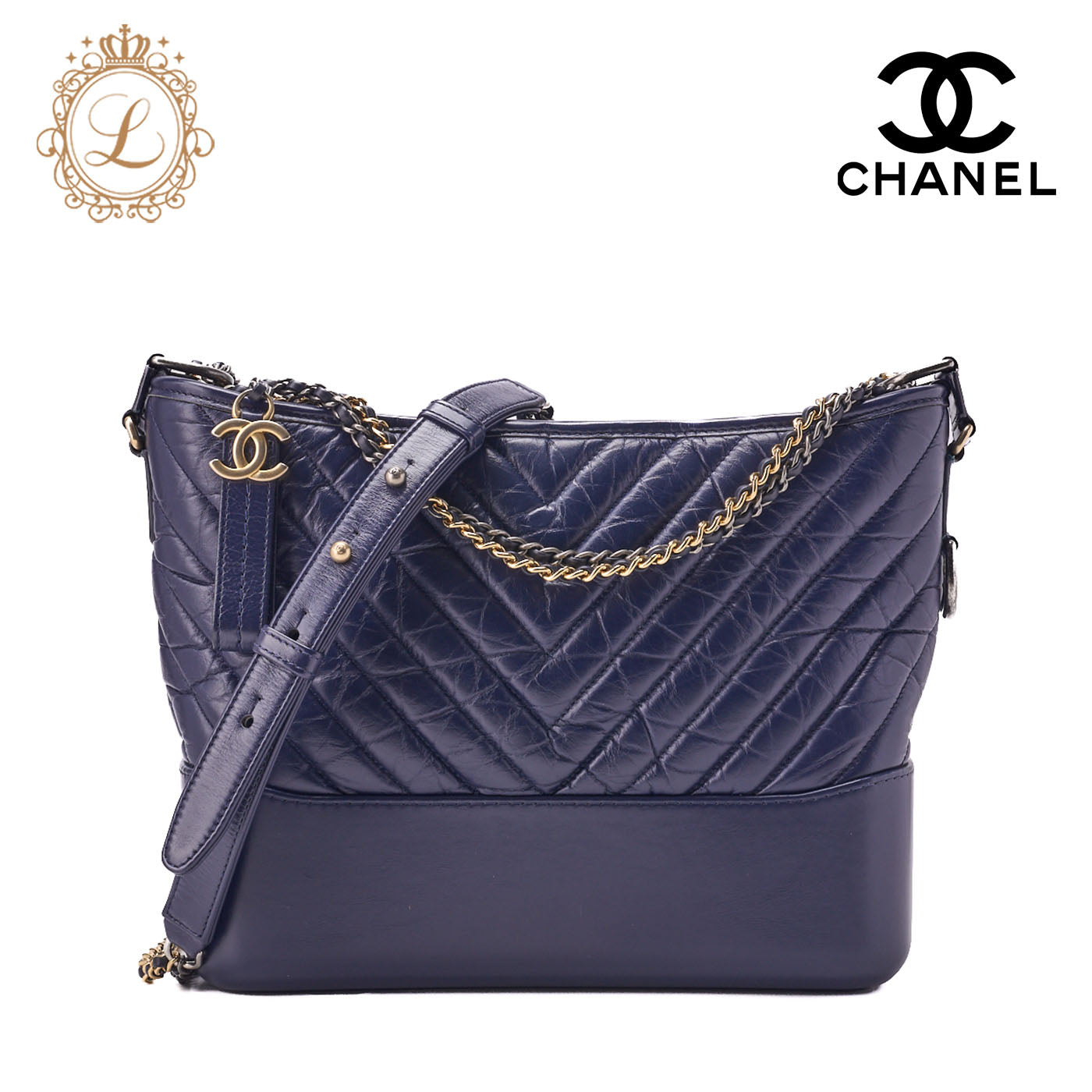 CHANEL Chain Shoulder Bag Matelassé Gabrielle de Chanel Navy Silver Gold-Tone Hardware, Pre-Owned