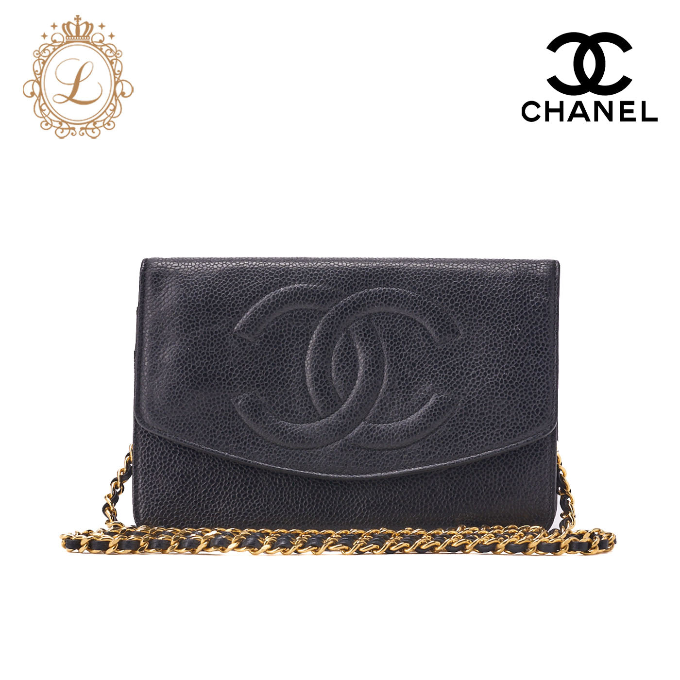 CHANEL Shoulder Bag Chain Wallet Caviar Skin Black Silver-Tone Hardware, Pre-Owned