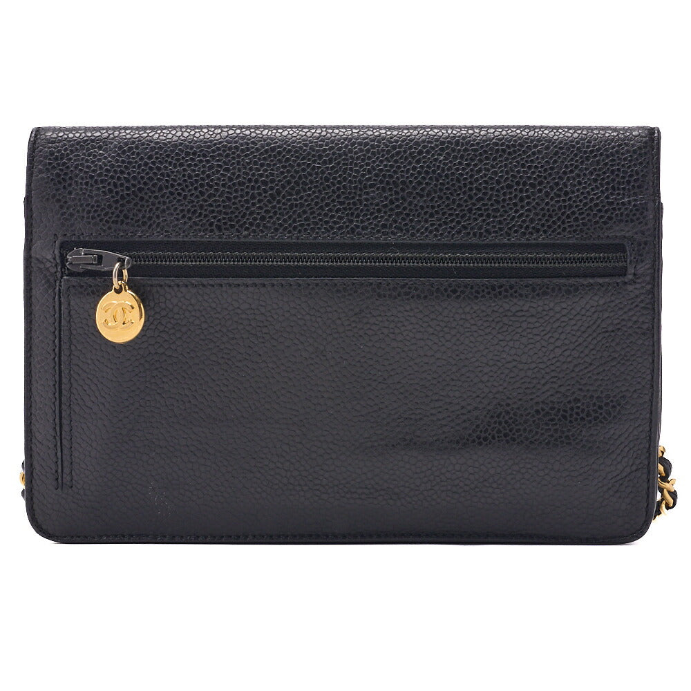 CHANEL Shoulder Bag Chain Wallet Caviar Skin Black Silver-Tone Hardware, Pre-Owned