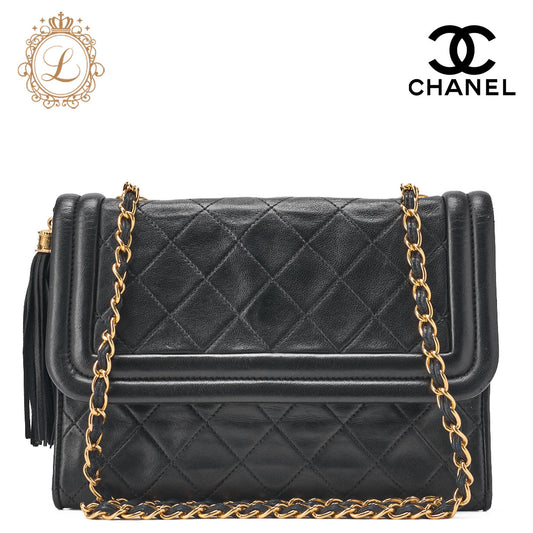 CHANEL Chain Shoulder Bag Matelassé Coco Mark Fringe Lambskin Black Gold-Tone Hardware, Pre-Owned