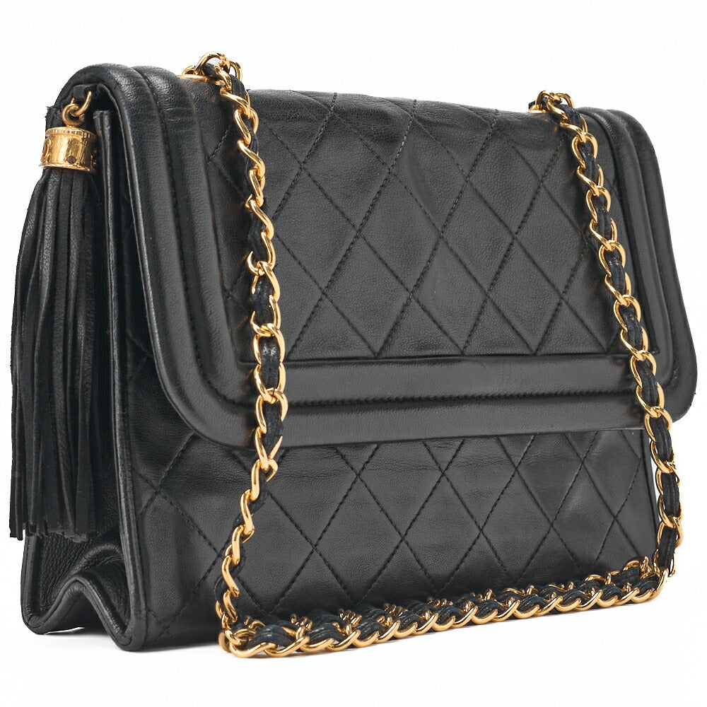 CHANEL Chain Shoulder Bag Matelassé Coco Mark Fringe Lambskin Black Gold-Tone Hardware, Pre-Owned