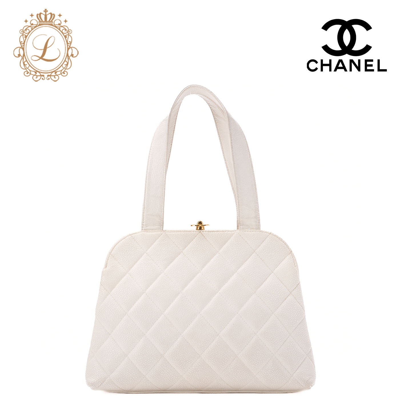 CHANEL Handbag Matelassé Mouth Coco Mark Caviar Skin White Gold-Tone Hardware, Pre-Owned