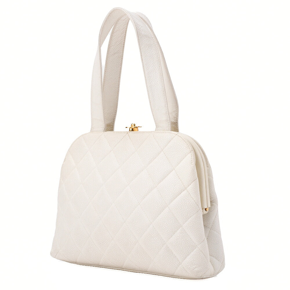 CHANEL Handbag Matelassé Mouth Coco Mark Caviar Skin White Gold-Tone Hardware, Pre-Owned