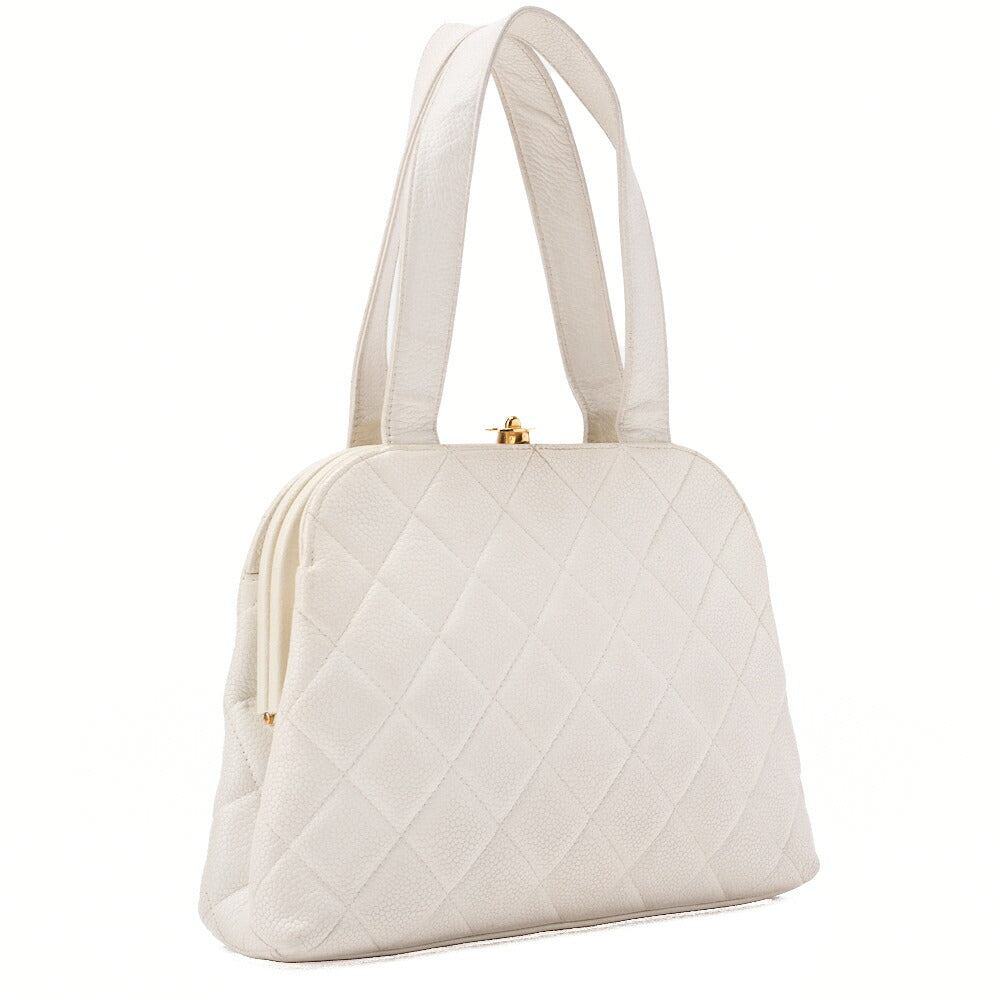 CHANEL Handbag Matelassé Mouth Coco Mark Caviar Skin White Gold-Tone Hardware, Pre-Owned