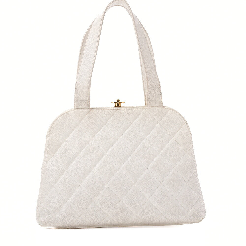 CHANEL Handbag Matelassé Mouth Coco Mark Caviar Skin White Gold-Tone Hardware, Pre-Owned