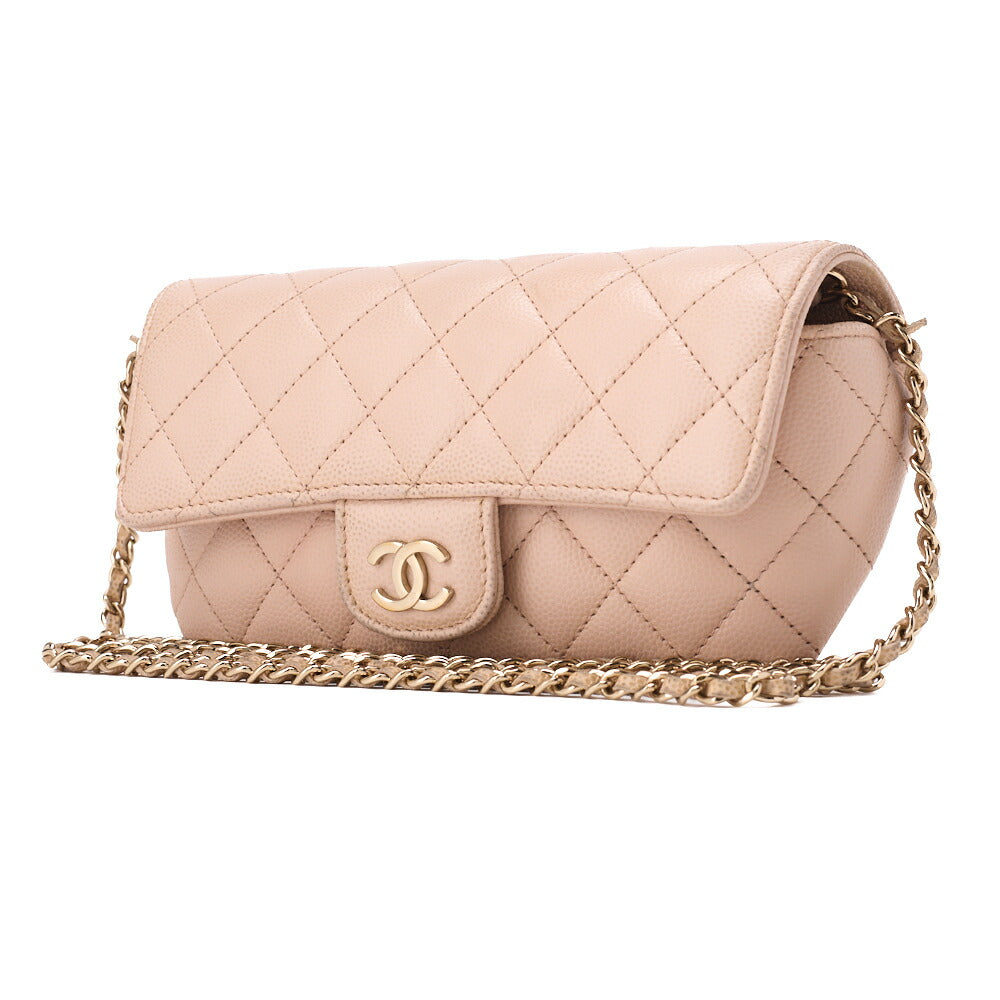 CHANEL Matrasse Shoulder Bag Caviar Skin Glasses Case Beige Silver-Tone Hardware, Pre-Owned