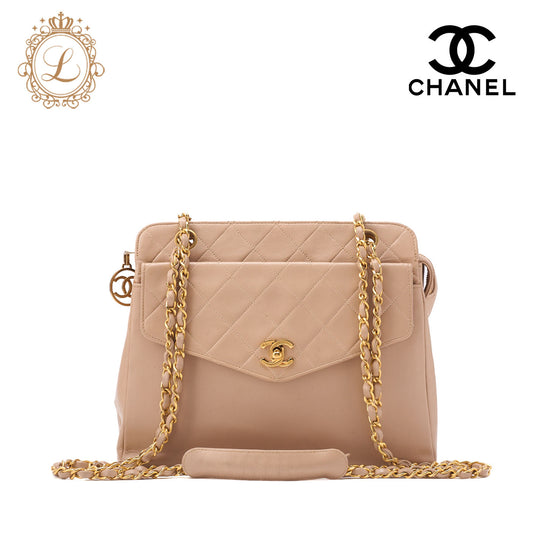 CHANEL Chain Shoulder Bag Outside Flap Circle Coco Charm Lambskin Beige Gold-Tone Hardware, Pre-Owned