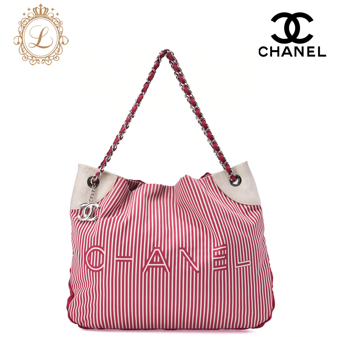 CHANEL Chain Shoulder Bag with Coco Charm Stripe Pattern Canvas Bicolor Silver-Tone Hardware, Pre-Owned