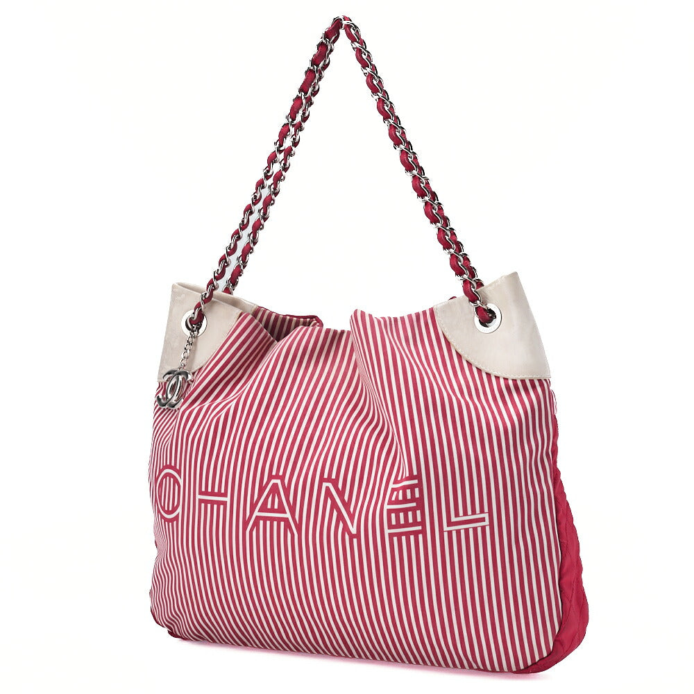 CHANEL Chain Shoulder Bag with Coco Charm Stripe Pattern Canvas Bicolor Silver-Tone Hardware, Pre-Owned