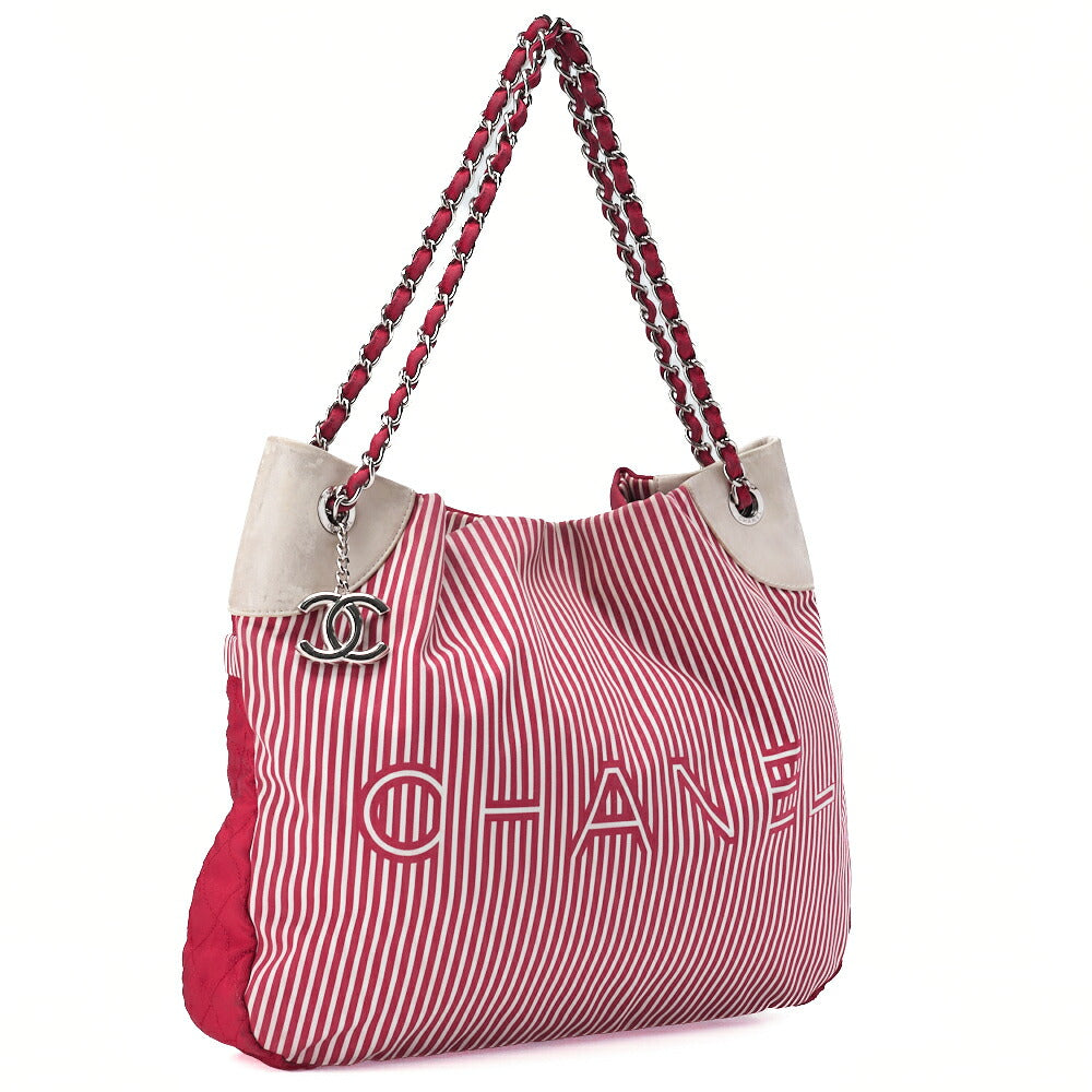 CHANEL Chain Shoulder Bag with Coco Charm Stripe Pattern Canvas Bicolor Silver-Tone Hardware, Pre-Owned