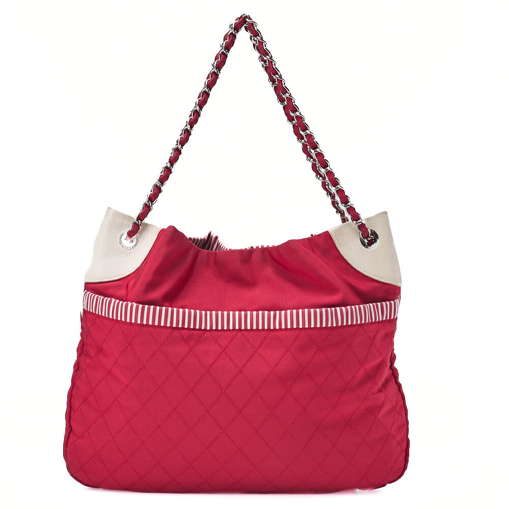 CHANEL Chain Shoulder Bag with Coco Charm Stripe Pattern Canvas Bicolor Silver-Tone Hardware, Pre-Owned