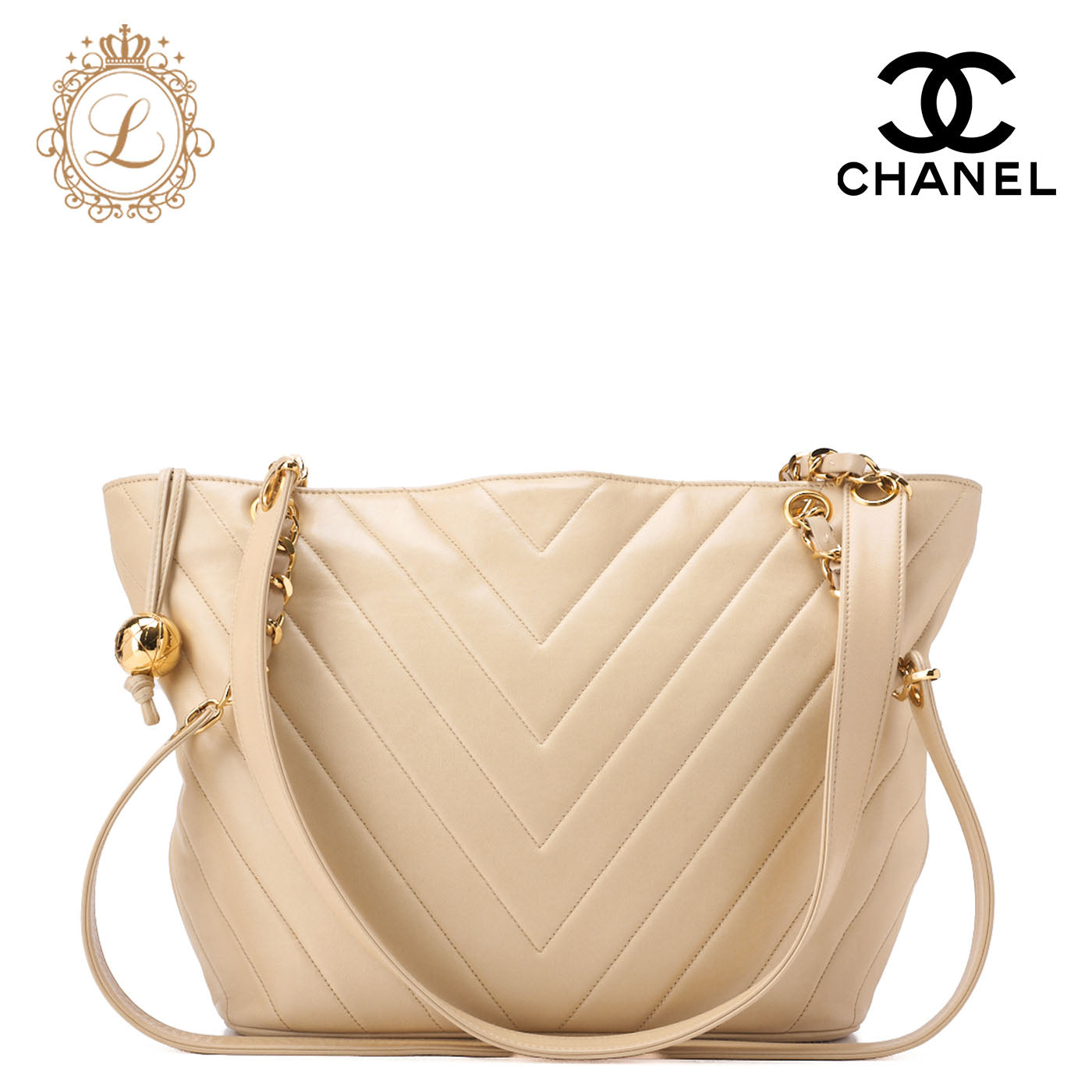 CHANEL V-Stitch Ball Charm Chain Shoulder Bag Lambskin Beige Gold-Tone Hardware, Pre-Owned