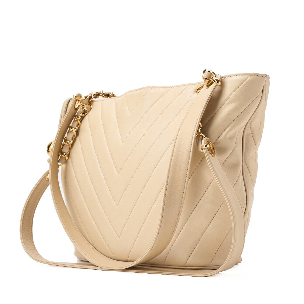 CHANEL V-Stitch Ball Charm Chain Shoulder Bag Lambskin Beige Gold-Tone Hardware, Pre-Owned