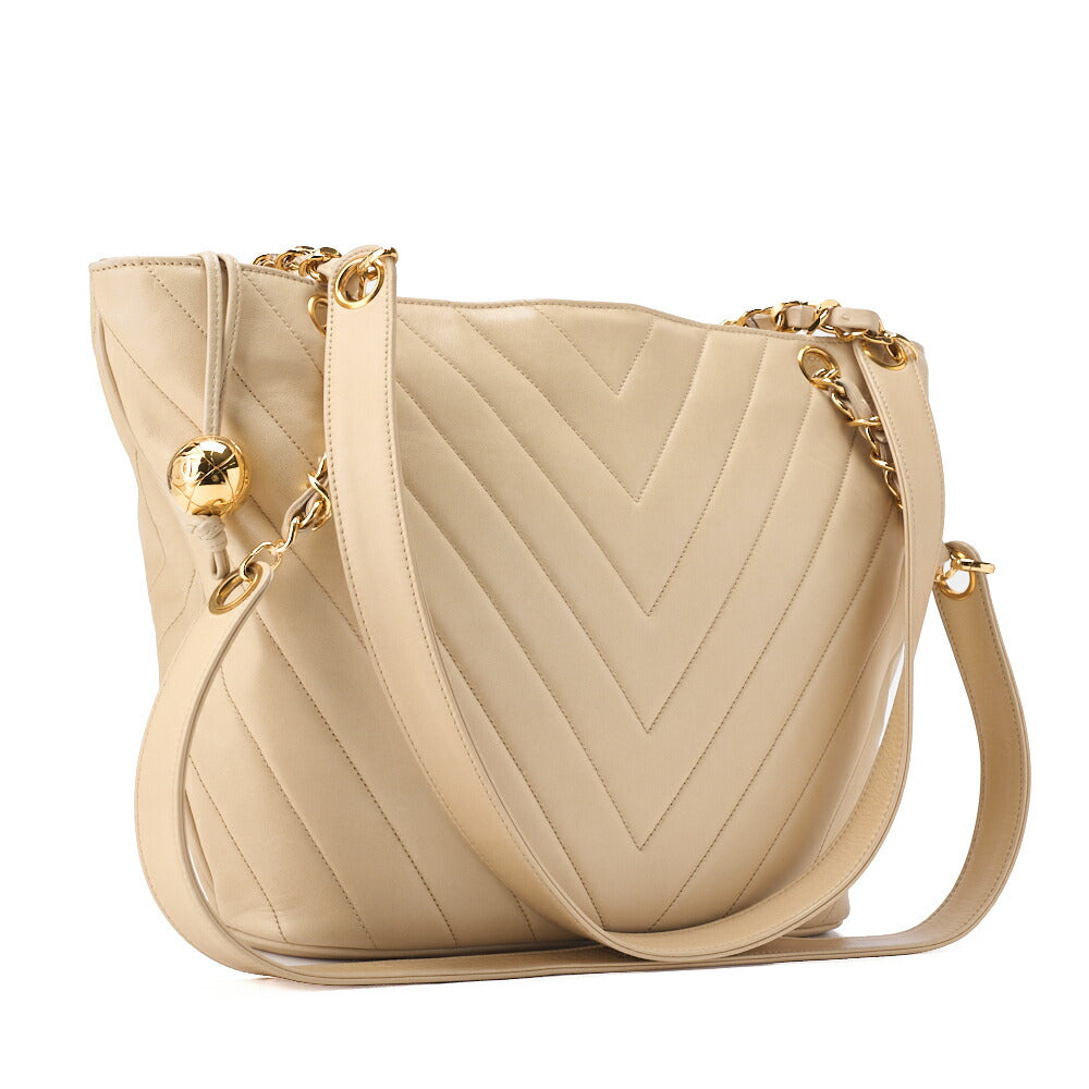 CHANEL V-Stitch Ball Charm Chain Shoulder Bag Lambskin Beige Gold-Tone Hardware, Pre-Owned