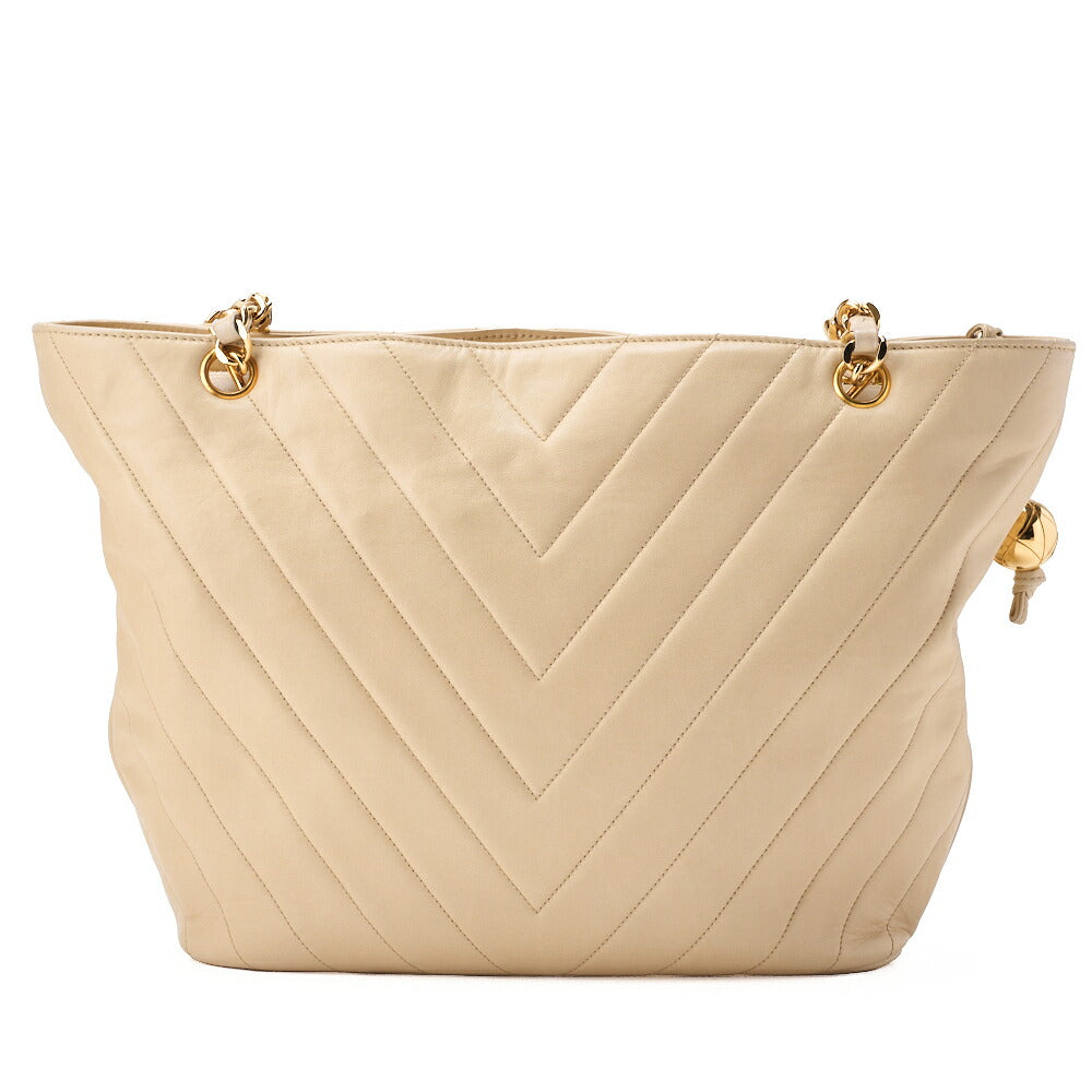 CHANEL V-Stitch Ball Charm Chain Shoulder Bag Lambskin Beige Gold-Tone Hardware, Pre-Owned
