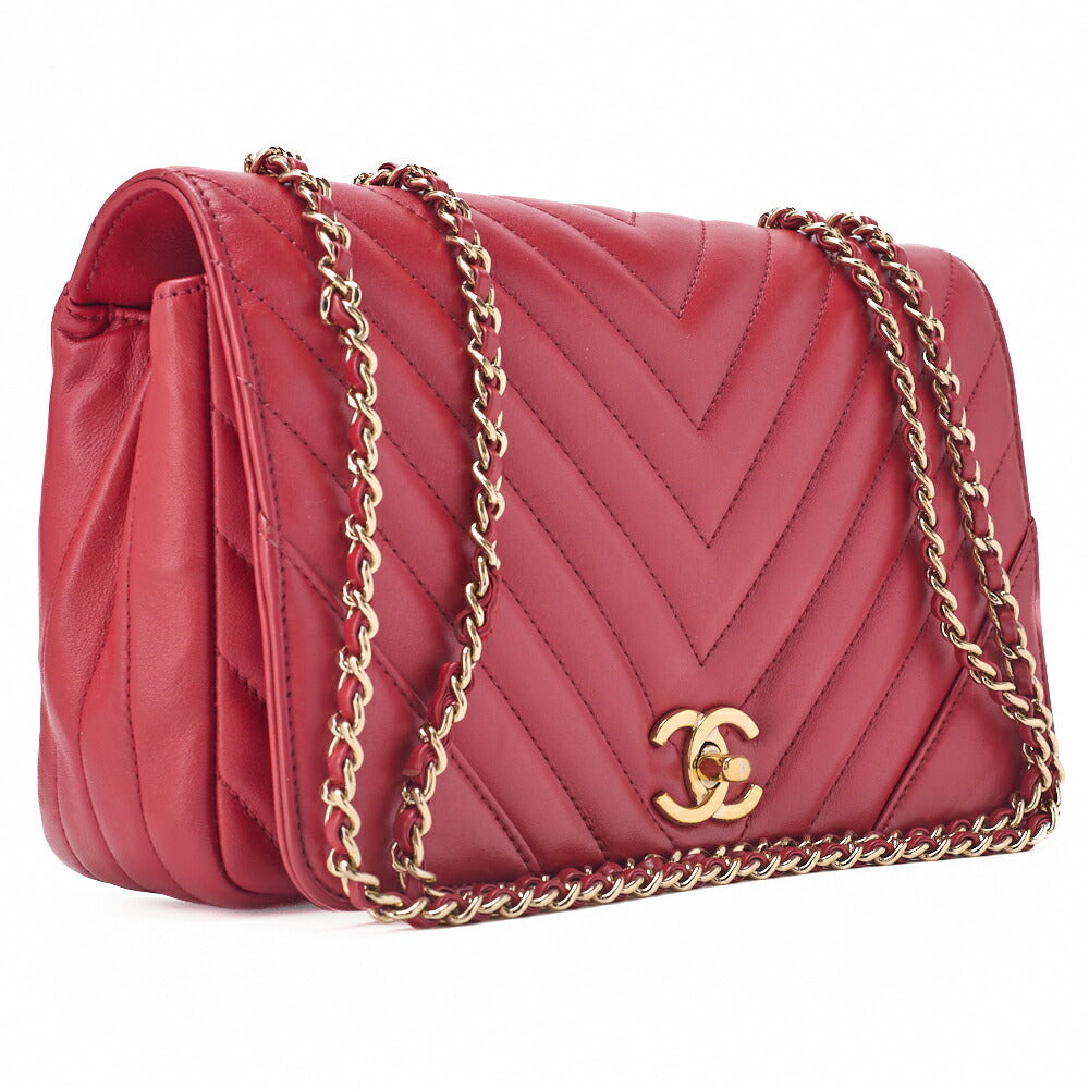 CHANEL Shoulder Bag Calfskin V-Stitch Red Cocomark Single Flap Gold-Tone Hardware, Pre-Owned